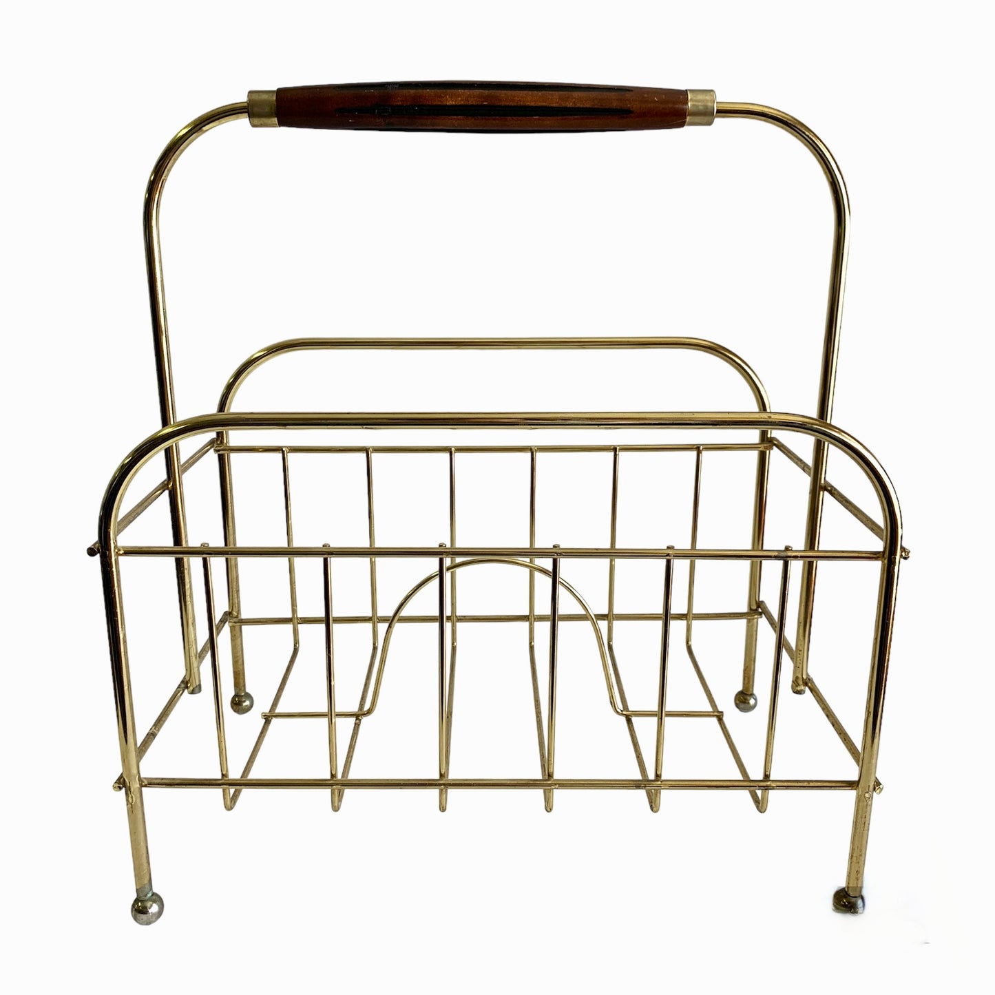 BRASS MID-CENTURY VINYL RECORD | MAGAZINE RACK w/ WOODEN HANDLE
