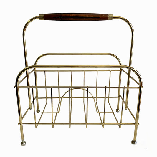 BRASS MID-CENTURY VINYL RECORD | MAGAZINE RACK w/ WOODEN HANDLE