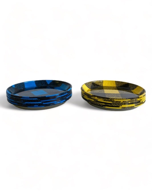 LEMON YELLOW and ROYAL BLUE PLAID CHECKER  ALUMINUM COASTERS or PIN DISHES
