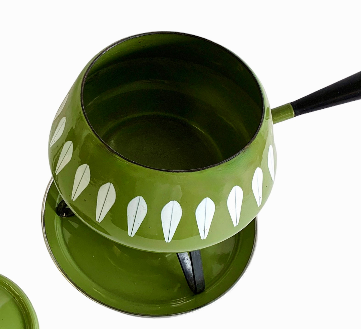 ENAMELWARE CATHRINE HOLM FONDUE SET- OLIVE GREEN LOTUS PATTERN- 5 + 1 Piece