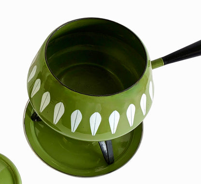 ENAMELWARE CATHRINE HOLM FONDUE SET- OLIVE GREEN LOTUS PATTERN- 5 + 1 Piece