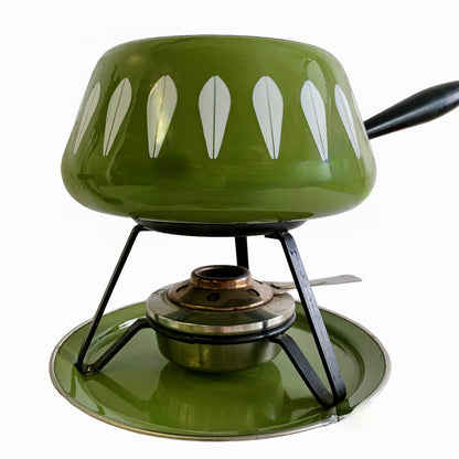 ENAMELWARE CATHRINE HOLM FONDUE SET- OLIVE GREEN LOTUS PATTERN- 5 + 1 Piece