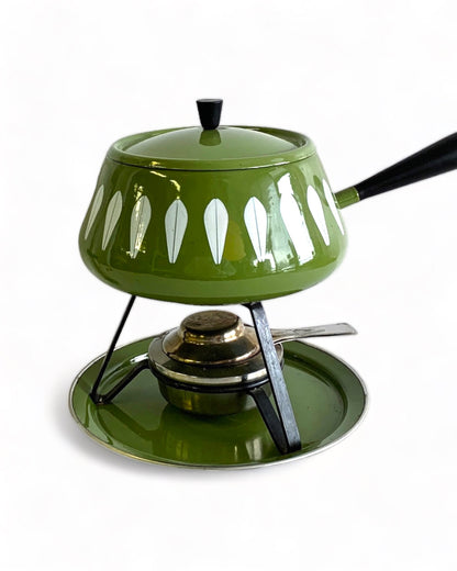ENAMELWARE CATHRINE HOLM FONDUE SET- OLIVE GREEN LOTUS PATTERN- 5 + 1 Piece