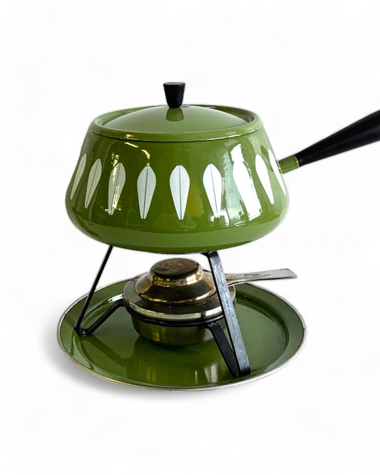 ENAMELWARE CATHRINE HOLM FONDUE SET- OLIVE GREEN LOTUS PATTERN- 5 + 1 Piece