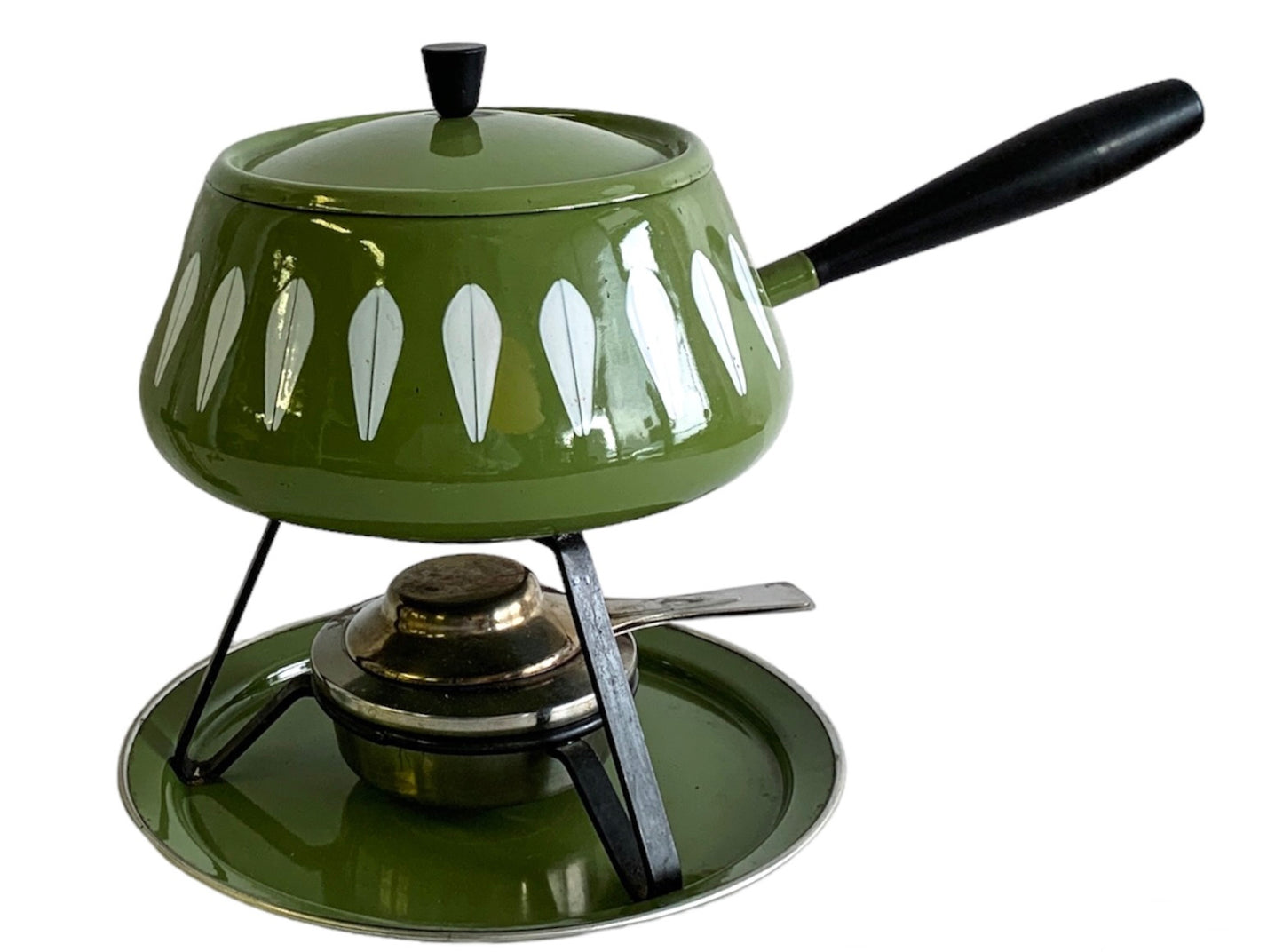 ENAMELWARE CATHRINE HOLM FONDUE SET- OLIVE GREEN LOTUS PATTERN- 5 + 1 Piece