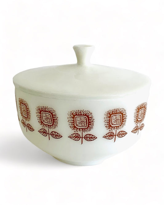 WHITE FEDERAL GLASS  HEATPROOF LIDDED BOWL FLORAL MOTIF 2.5qt