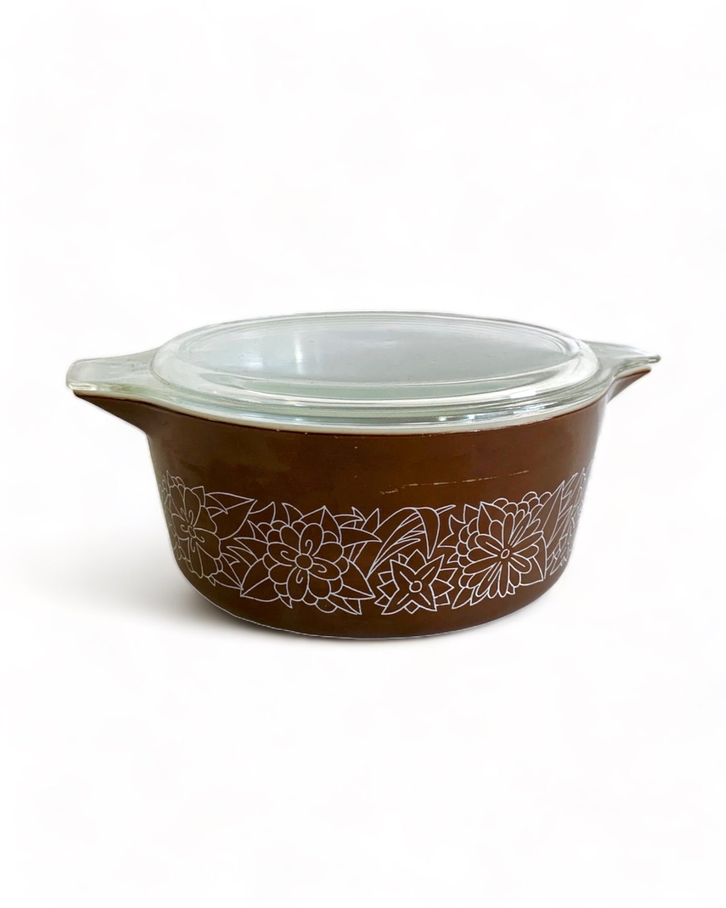 WOODLAND BROWN PATTERN PYREX HEATPROOF CASSEROLE DISH w/ LID