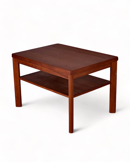 HEAVY TEAK TOFTEN SIDE TABLE UNIQUE ANGLED LEGS LOWER SHELF DANISH MADE