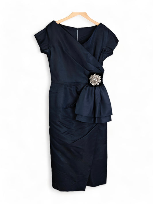 CEIL CHAPMAN TAILORED RUCHED, FITTED DROP SHOULDER BLACK SILK COCKTAIL GOWN DRESS