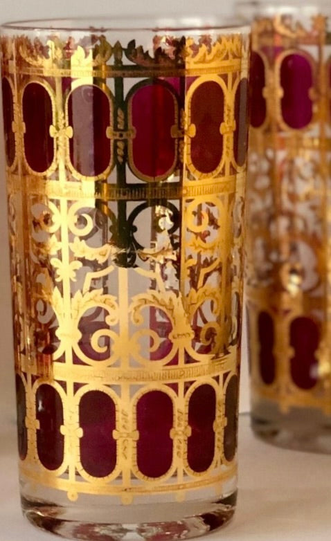 CULVER 22k GILT APPLIQUE TOM COLLINS VINTAGE BARWARE GLASSES- SET OF 5 plus 2 APERITIFS/DIGESTIFS or SHOTGLASSES