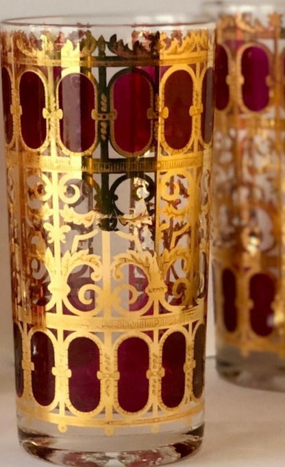 CULVER 22k GILT APPLIQUE TOM COLLINS VINTAGE BARWARE GLASSES- SET OF 5 plus 2 APERITIFS/DIGESTIFS or SHOTGLASSES