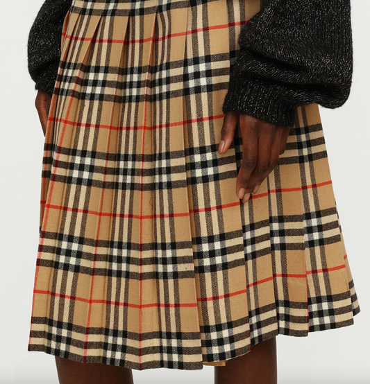 VINTAGE BURBERRY WOOL NOVA CHECK PLAID PLEATED A-LINE LONG MIDI SKIRT