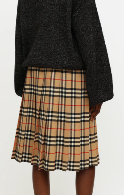 VINTAGE BURBERRY WOOL NOVA CHECK PLAID PLEATED A-LINE LONG MIDI SKIRT