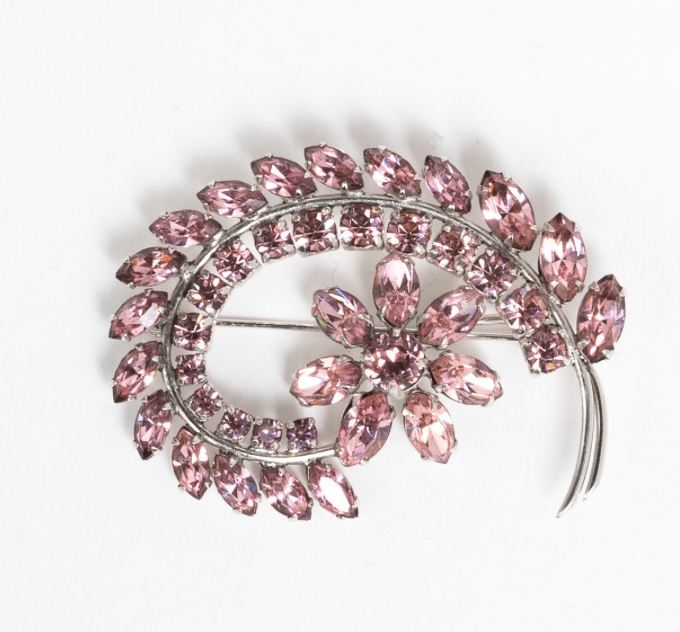 RARE SIGNED VINTAGE SHERMAN PALE PINK RHODIUM BACKED FIGURAL FLOWER BRANCH BROOCH |