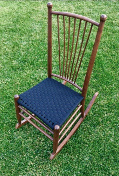 SCANDINAVIAN COTTAGE STYLE VINTAGE ROCKER w/ REWOVEN BLACK RIBBON SEAT