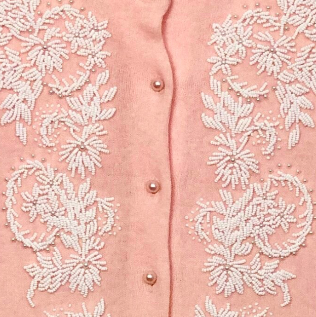 1950s Hong Kong  BEADED WOOL/ ANGORA CARDIGAN SWEATER FIFTIES PINK!