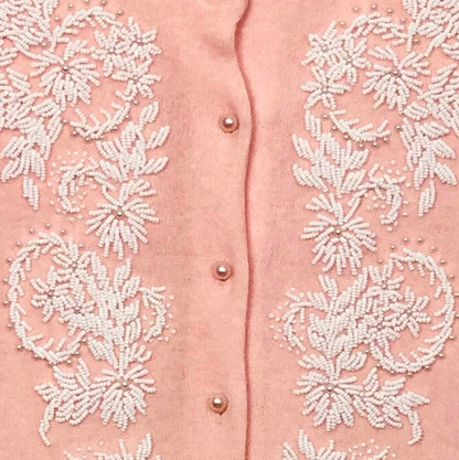 1950s Hong Kong  BEADED WOOL/ ANGORA CARDIGAN SWEATER FIFTIES PINK!