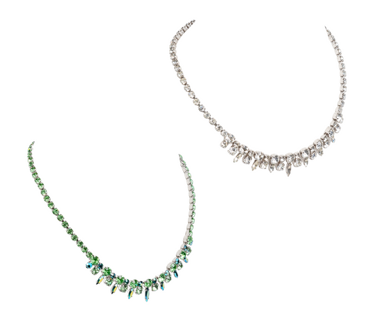 IDENTICAL SIGNED & UNSIGNED SHERMAN CLEAR & GREEN/BLUE SWAROVSKI CRYSTAL RHINESTONE NECKLACES