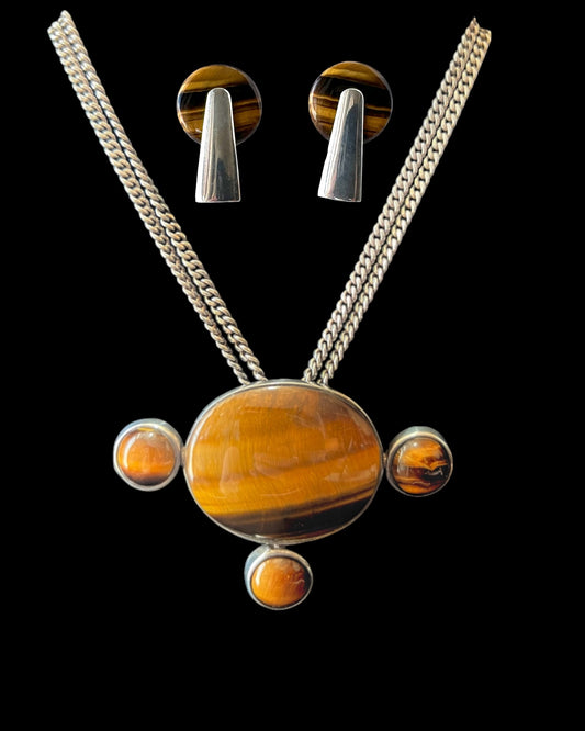 SUBLIME EARLY MODERNIST TANE TIGER EYE & STERLING SILVER NECKLACE & EARRINGS -SOLD SEPARATELY