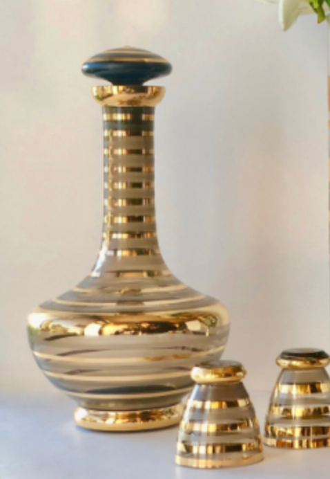 CZECH GLASS LIDDED DECANTER GOLD APPLIQUÉ SET