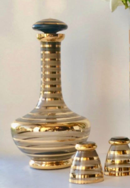 CZECH GLASS LIDDED DECANTER GOLD APPLIQUÉ SET
