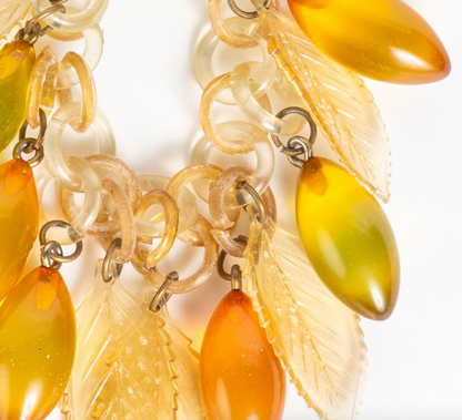 APPLE JUICE PRYSTAL BAKELITE CHATELAINE BROOCH PIN w/ LEAVES & CELLULOID