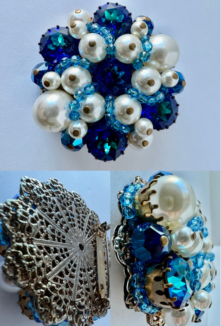 MIRIAM HASKELL STYLE BROOCH WIRED PEARL & GLASS RHINESTONES BRILLIANT BLUE PIN
