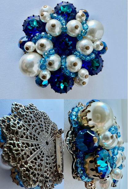 MIRIAM HASKELL STYLE BROOCH WIRED PEARL & GLASS RHINESTONES BRILLIANT BLUE PIN