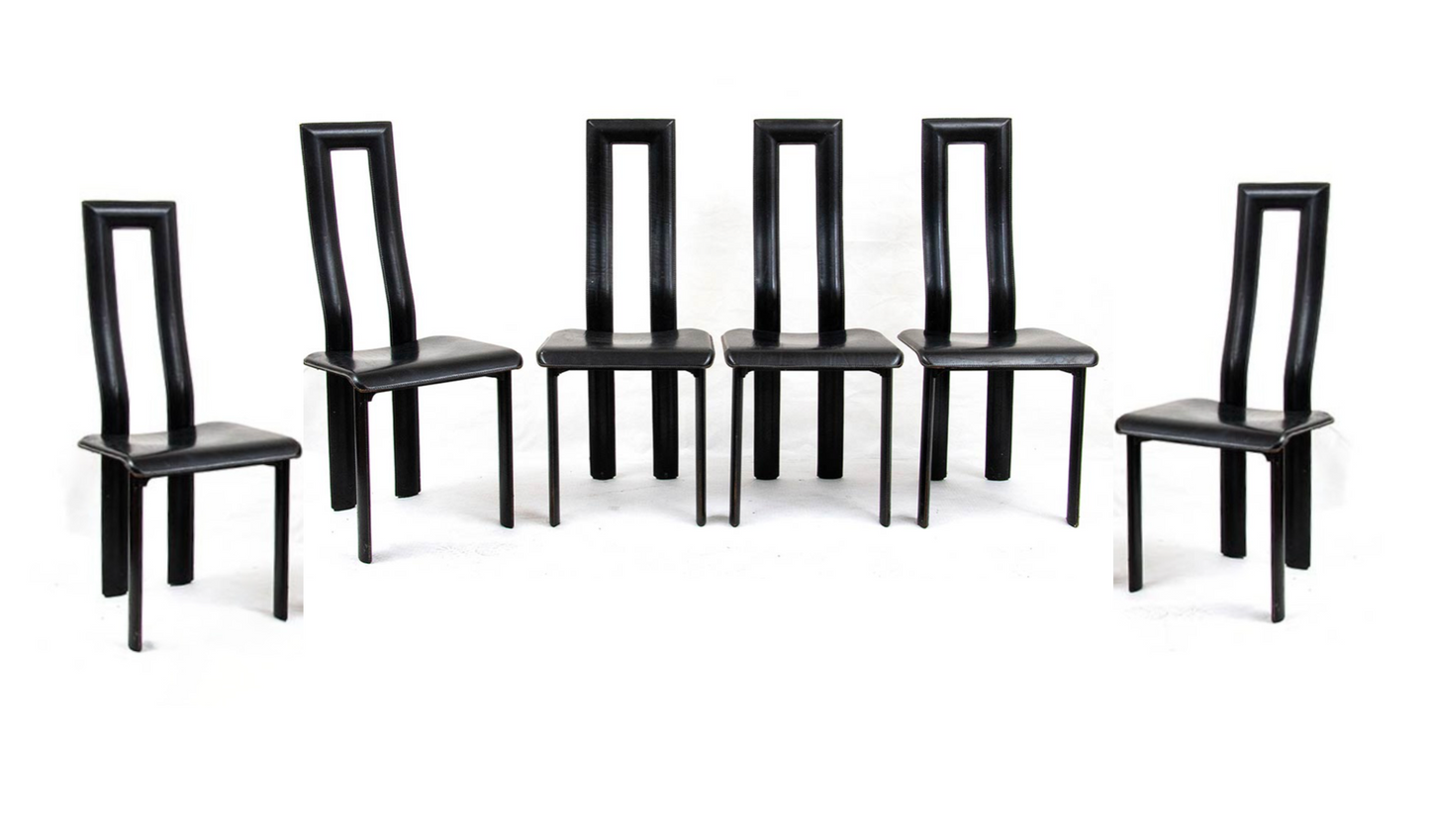 RARE POSTMODERN ITALIAN DESIGN by ANTONELLO MOSCA for YCAMI SET of 6 QUALITY BLACK LEATHER SCULPTURAL DINING CHAIRS