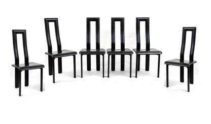 RARE POSTMODERN ITALIAN DESIGN by ANTONELLO MOSCA for YCAMI SET of 6 QUALITY BLACK LEATHER SCULPTURAL DINING CHAIRS