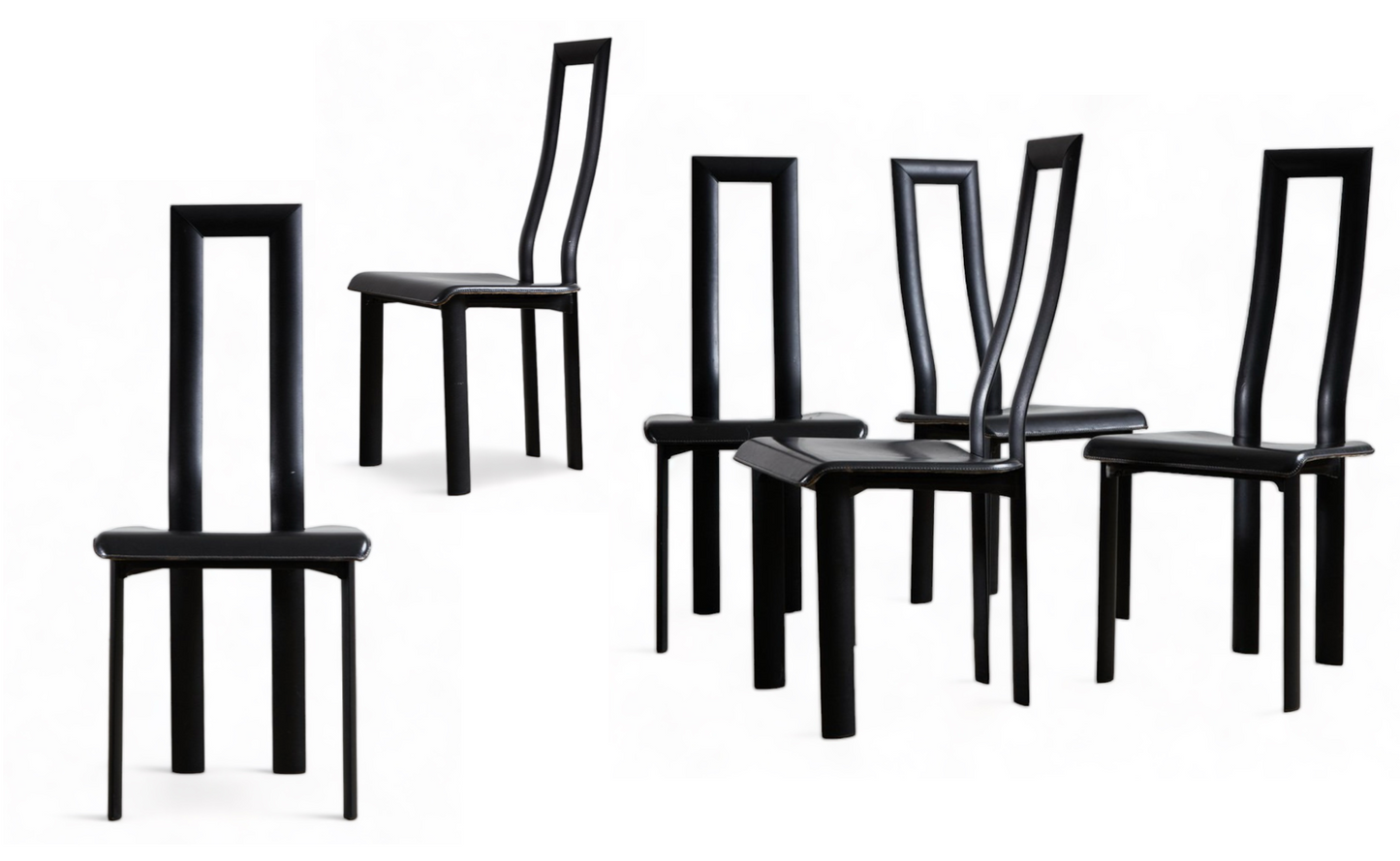 RARE POSTMODERN ITALIAN DESIGN by ANTONELLO MOSCA for YCAMI SET of 6 QUALITY BLACK LEATHER SCULPTURAL DINING CHAIRS