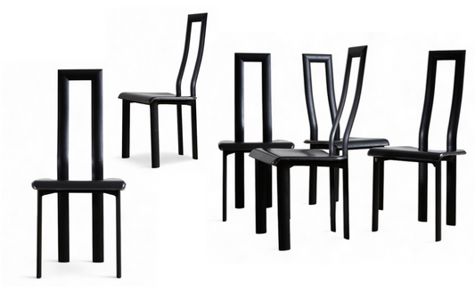 RARE POSTMODERN ITALIAN DESIGN by ANTONELLO MOSCA for YCAMI SET of 6 QUALITY BLACK LEATHER SCULPTURAL DINING CHAIRS