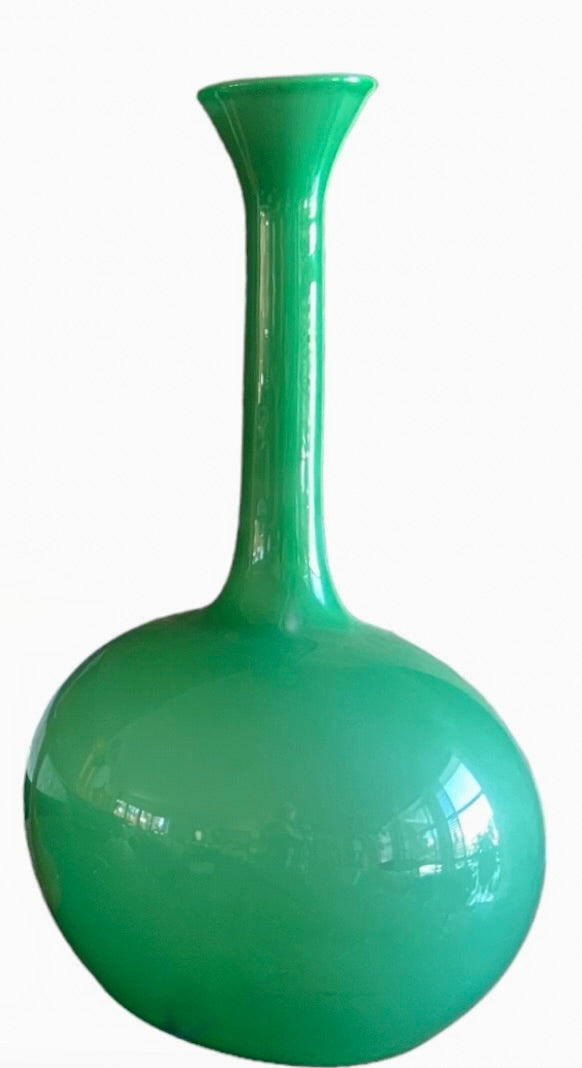 RARE STATEMENT EXTRA LARGE GREEN ART GLASS VESSEL w/ BLACK STRIPE CASED RIM