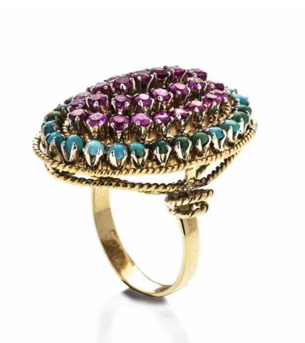 DREAMY NATURAL RUBY & PERSIAN TURQUOISE 18KT YELLOW GOLD ESTATE JEWELRY RING