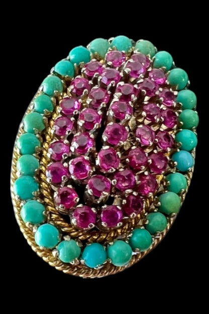 DREAMY NATURAL RUBY & PERSIAN TURQUOISE 18KT YELLOW GOLD ESTATE JEWELRY RING