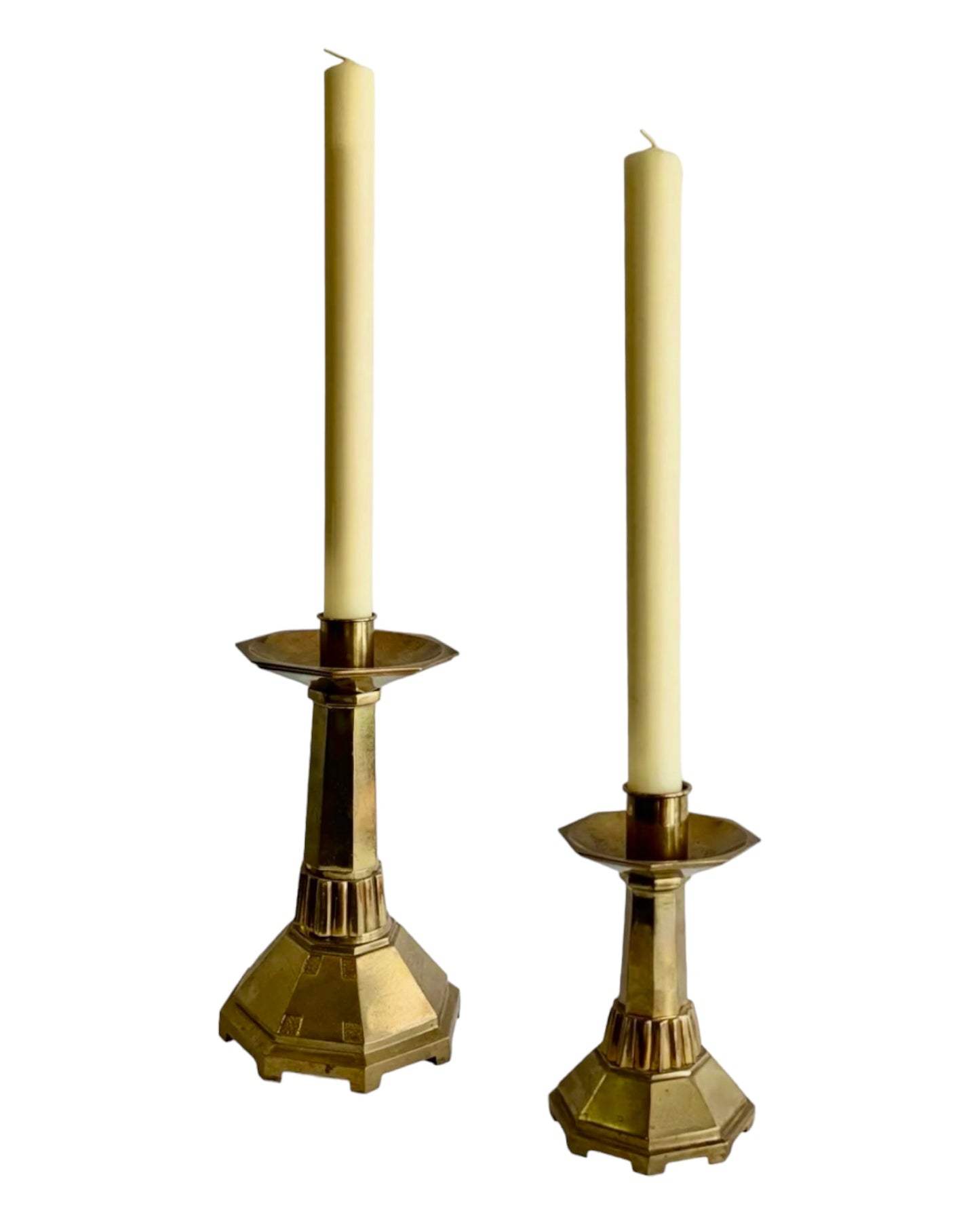 PAIR of HEAVY BRASS LITURGICAL CANDLESTICKS w/ SPECIALTY CANDLES