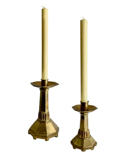 PAIR of HEAVY BRASS LITURGICAL CANDLESTICKS w/ SPECIALTY CANDLES