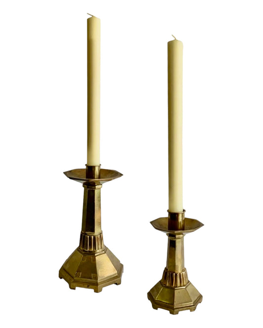 PAIR of HEAVY BRASS LITURGICAL CANDLESTICKS w/ SPECIALTY CANDLES