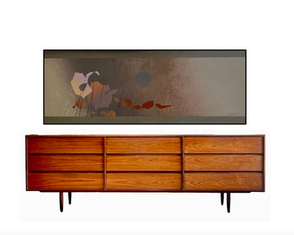 GORGEOUS 9 DRAWER 2 TONE TEAK & AFROMOSIA DRESSER w/ PEGGED LEGS and REFINISHED CASE