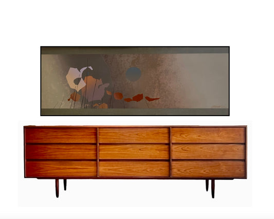 GORGEOUS 9 DRAWER 2 TONE TEAK & AFROMOSIA DRESSER w/ PEGGED LEGS and REFINISHED CASE