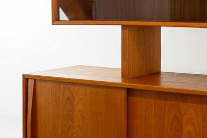 SCANDINAVIAN TEAK CREDENZA/BUFFET SERVER w/ SLIDING GLASS DOOR TOPPER