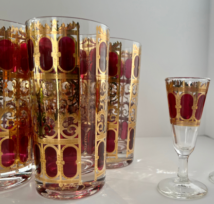 CULVER 22k GILT APPLIQUE TOM COLLINS VINTAGE BARWARE GLASSES- SET OF 5 plus 2 APERITIFS/DIGESTIFS or SHOTGLASSES