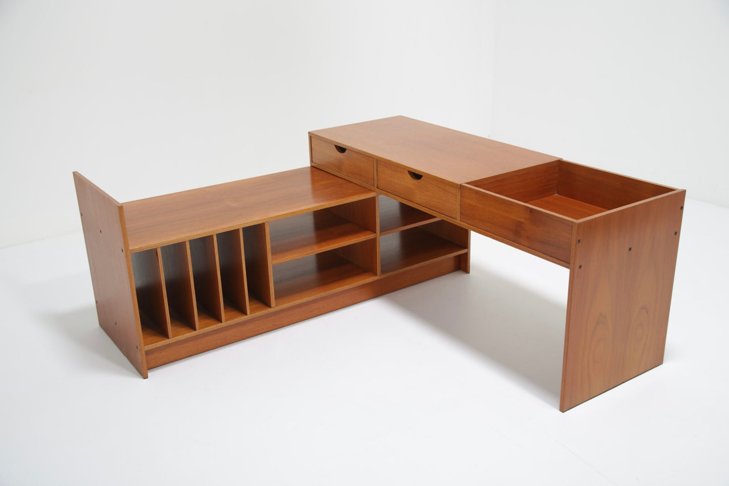 TEAK 2 PIECE EXPANDABLE DESK OR STEREO, MEDIA STORAGE UNIT