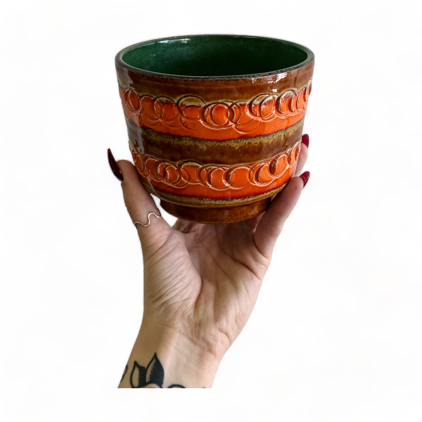 MID-CENTURY ORANGE & BROWN EMBOSSED PATTERN PLANT POT