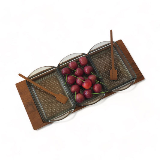 LUTHJE DENMARK SERVING TRAY w/ 3 REMOVEABLE TEXTURED SMOKY GLASS INSERTS
