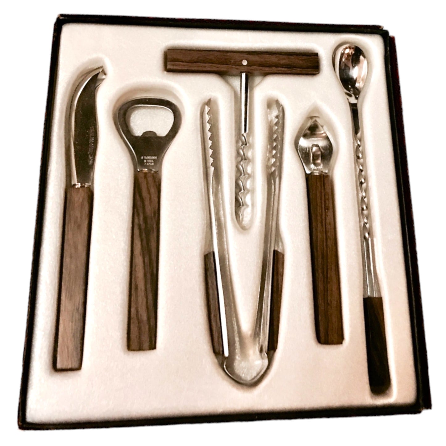 LUX WALNUT or  ROSEWOOD? CHROMED STEEL BAR TOOL SET in ORIGINAL BOX