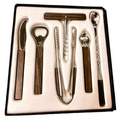 LUX WALNUT or  ROSEWOOD? CHROMED STEEL BAR TOOL SET in ORIGINAL BOX
