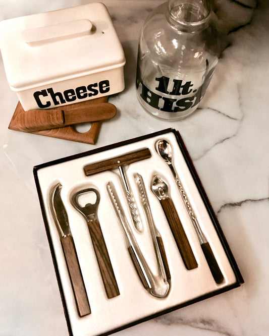 LUX WALNUT or  ROSEWOOD? CHROMED STEEL BAR TOOL SET in ORIGINAL BOX
