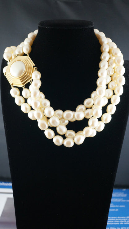YSL DESIGNER YVES SAINT LAURENT 4 STRAND RUNWAY STYLE COSTUME PEARL NECKLACE
