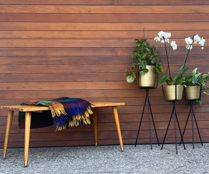 MID CENTURY VINTAGE SLAT BENCH SPLAY LEG BENCH W/ BRASS FERRULES